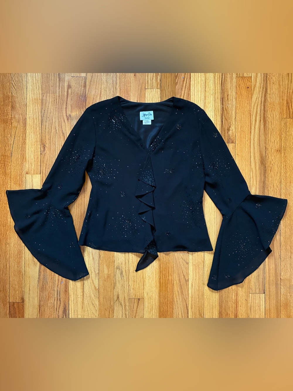 VTG Jeffrey & Dara Black Sequin Ruffle Chiffon V-Neck Bell Sleeve Blouse Size 12